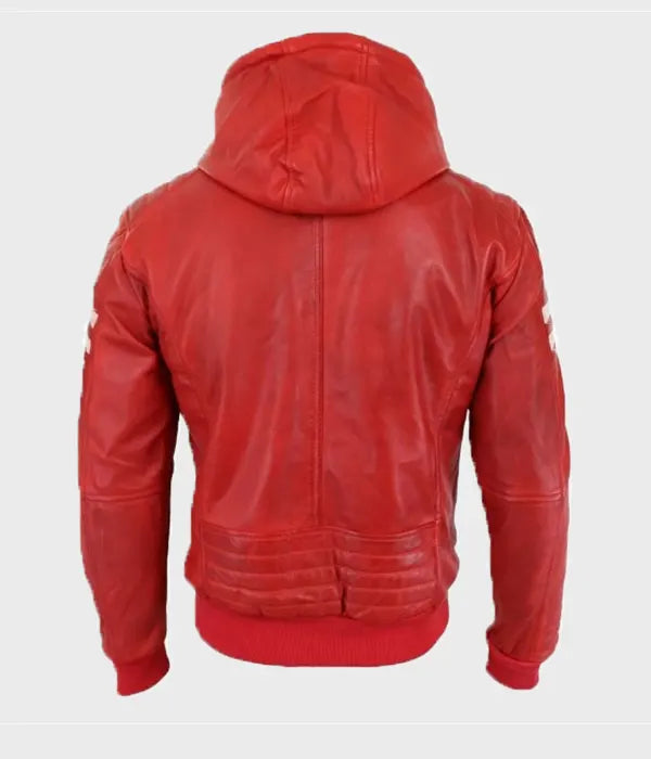 Mens Red Bomber Hooded Leather Jacket Bomber Jacket men detail view 2 | Dash Racegear — Red Leather Hooded Jacket Mens