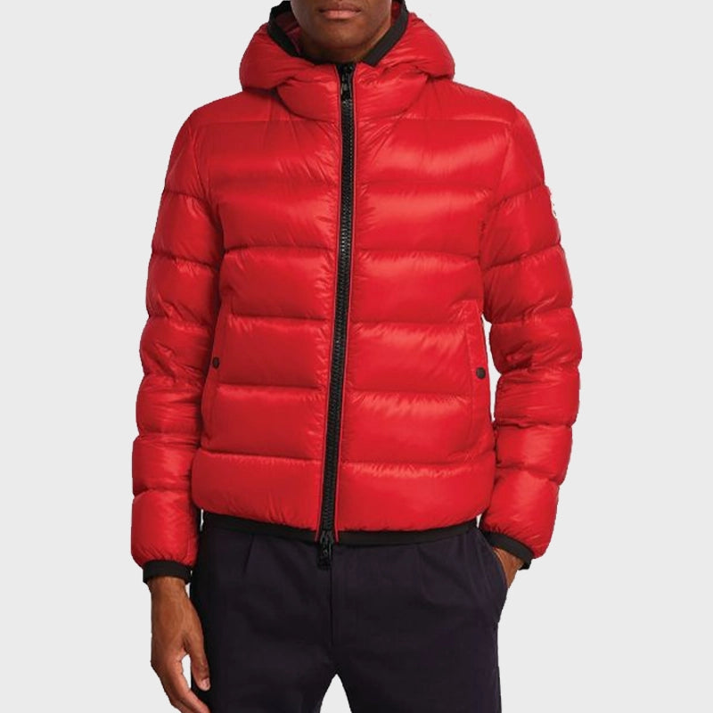 Mens Red Puffer Hooded Jacket Leather Jacket unisex front product view | Dash Racegear — Men’s Parachute Red Hooded Puffer Jacket