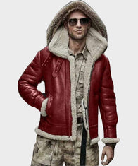 Mens Sheepskin Real Leather Shearling Hooded Jacket Jacket men front product view | Dash Racegear — Mens Sheepskin Real Leather Shearling Red Hooded Jacket