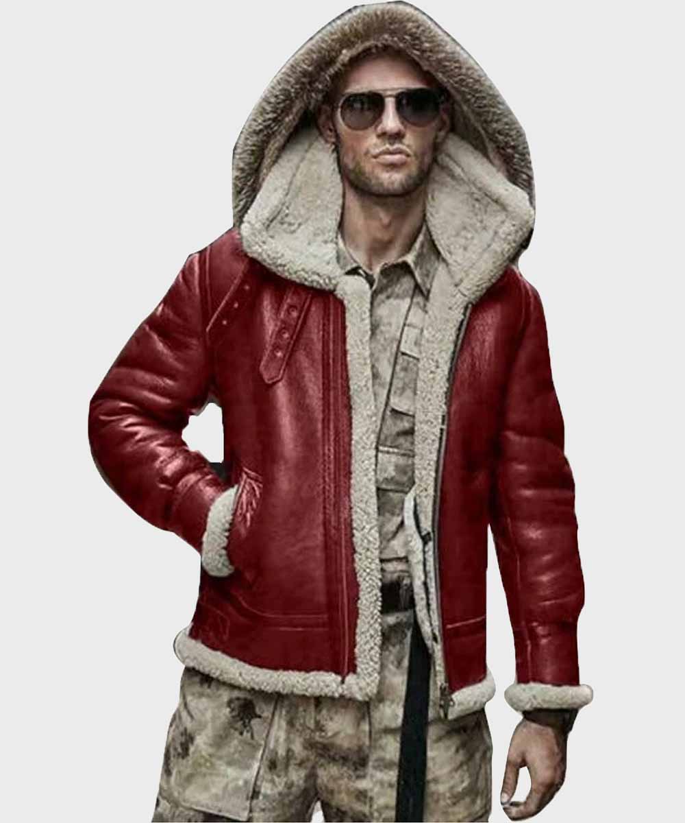 Mens Sheepskin Real Leather Shearling Hooded Jacket Jacket men front product view | Dash Racegear — Mens Sheepskin Real Leather Shearling Red Hooded Jacket
