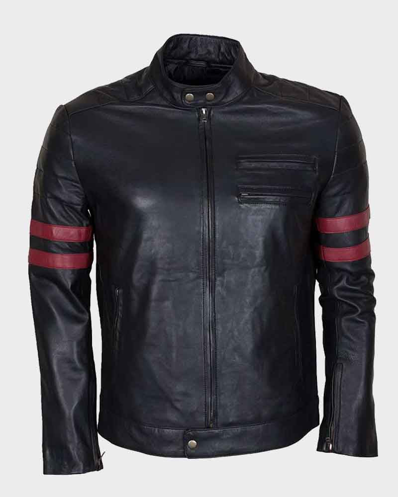 Mens Red Stirpe Mayhem Retro Black Jacket Biker Jacket men front product view | Dash Racegear — Mens Café Racer Red Stripe Mayhem Retro Jacket