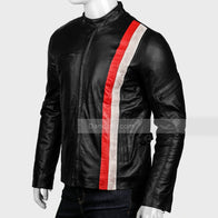 Mens Red & White Striped Black Leather Jacket Leather Jacket men detail view 3 | Dash Racegear — Red and White Striped Leather Jacket for Mens