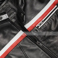 Red And White Striped Mens Black Biker Jacket Biker Jacket men detail view 5 | Dash Racegear — Red And White Striped Mens Black Biker Jacket Closeup