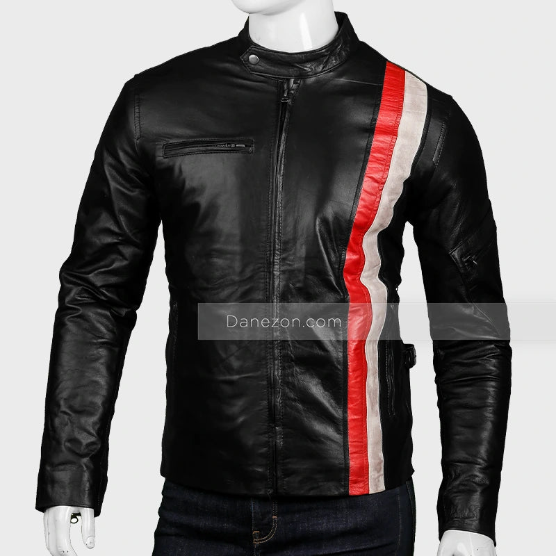 Mens Red & White Striped Black Leather Jacket Leather Jacket men front product view | Dash Racegear — black leather red and white striped leather jacket