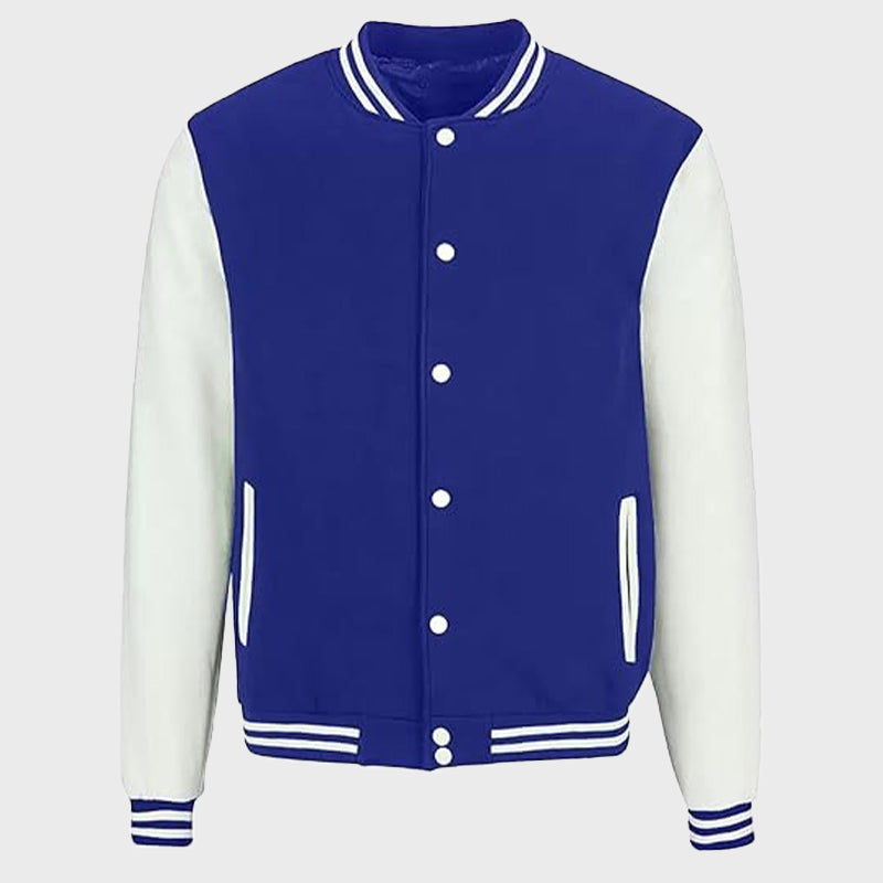 Mens Royal Blue & White Varsity Jacket Varsity Jacket unisex front product view | Dash Racegear — Mens Royal Blue & White Varsity Jacket For Sale