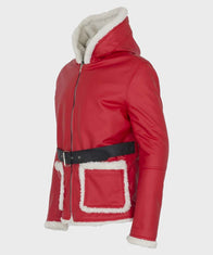 Mens Santa Claus Red Leather Jacket Leather Jacket men detail view 2 | Dash Racegear — Winter Christmas Leather Hooded Coat