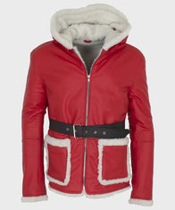 Mens Santa Claus Red Leather Jacket Leather Jacket men front product view | Dash Racegear — Mens Red Hooded Leather Coat