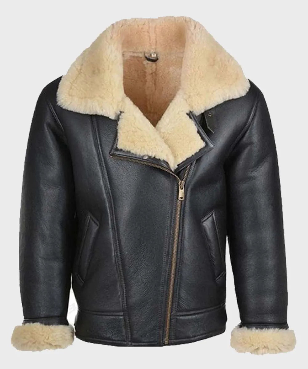 Mens Shearling Black Leather B3 Jacket Jacket men front product view | Dash Racegear — Mens-Shearling-Black-Leather-B3-Jacket