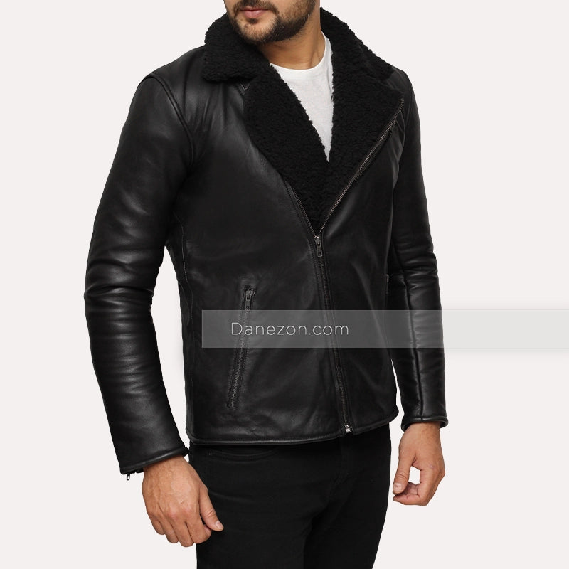 Mens Black Shearling Winter Leather Jacket Leather Jacket men detail view 3 | Dash Racegear — Black Leather Shearling Mens Jacket