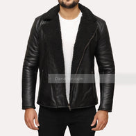 Mens Black Shearling Winter Leather Jacket Leather Jacket men detail view 2 | Dash Racegear — Black Shearling Mens Biker Jacket