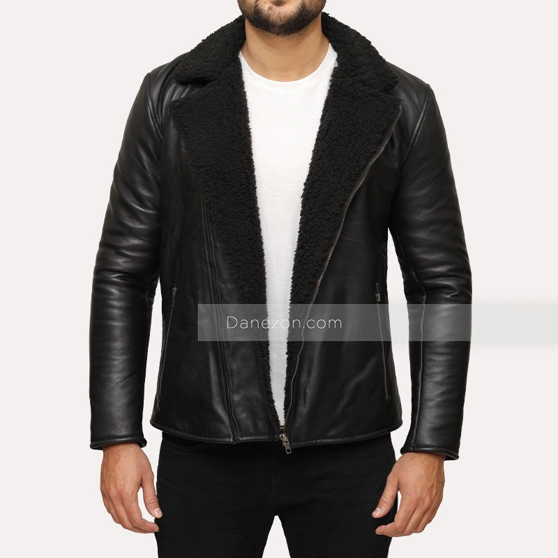 Mens Black Shearling Winter Leather Jacket Leather Jacket men detail view 2 | Dash Racegear — Black Shearling Mens Biker Jacket