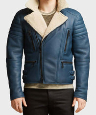 Mens Shearling Blue Leather Jacket Leather Jacket men front product view | Dash Racegear — Mens Blue Motorcycle Leather Shearling Jacket