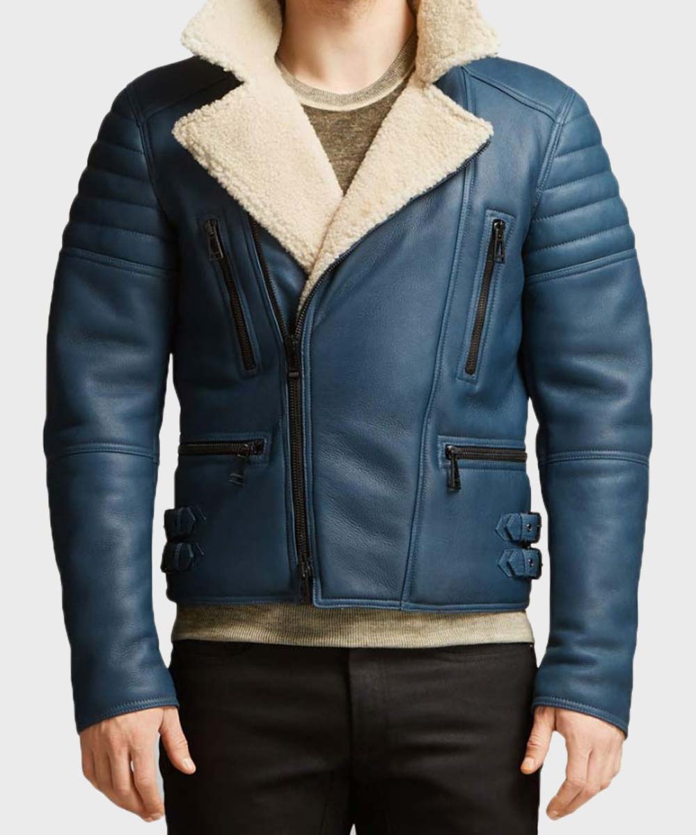 Mens Shearling Blue Leather Jacket Leather Jacket men front product view | Dash Racegear — Mens Blue Motorcycle Leather Shearling Jacket