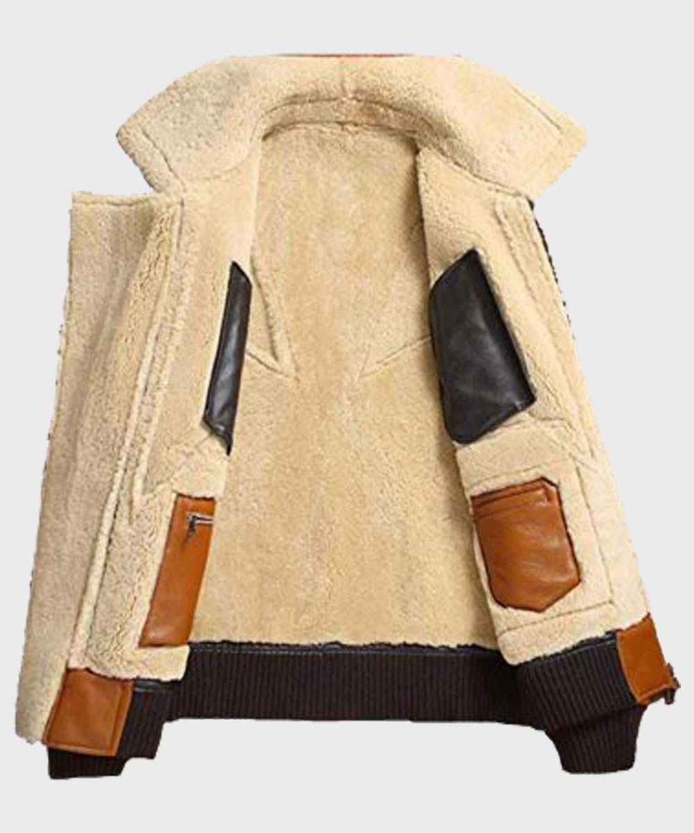Mens Shearling Sheepskin Bomber Leather Jacket Leather Jacket men detail view 2 | Dash Racegear — Mens Brown Shearling Sheepskin Bomber Jacket For Mens Outfits
