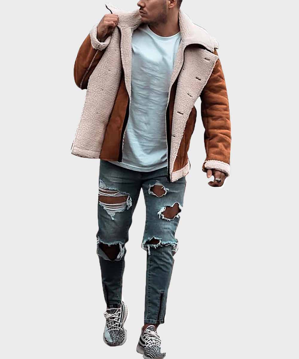 Mens Shearling Brown Leather Jacket Leather Jacket men front product view | Dash Racegear — Brown Leather Winter Shearling Jacket for Mens