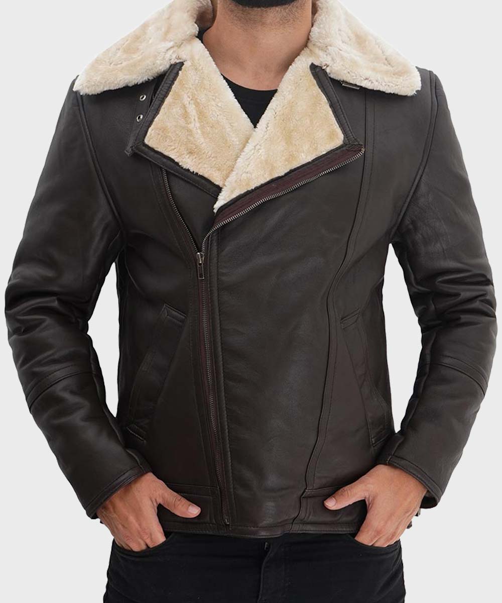 Mens Shearling Chocolate Brown Leather Jacket Leather Jacket men front product view | Dash Racegear — Mens Chocolate Brown Shearling Leather Jacket