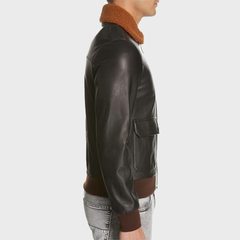 Mens Shearling Collar Black Bomber Jacket Bomber Jacket unisex detail view 3 | Dash Racegear — Men’s Black Shearling Collar Leather Jacket