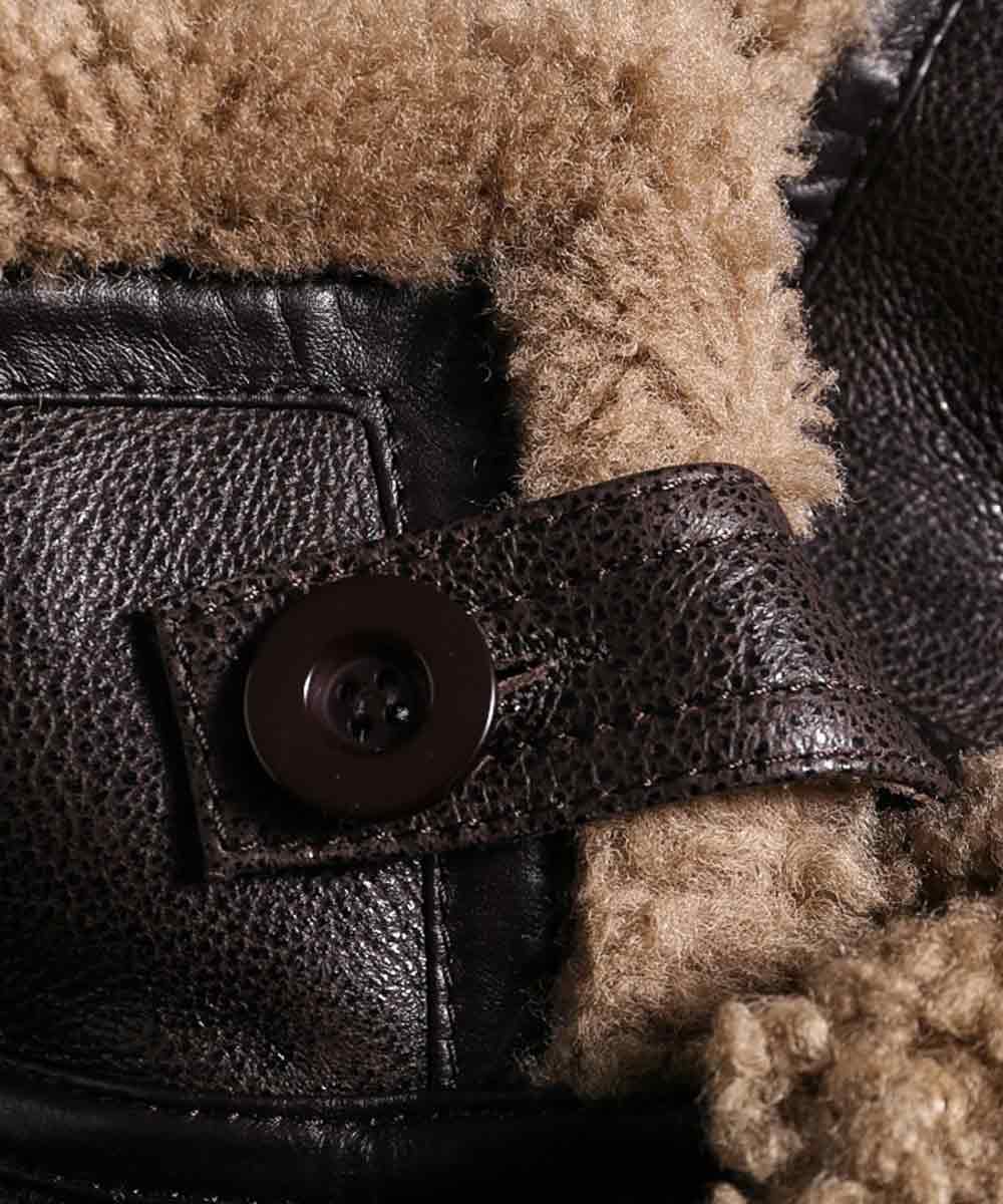 Mens Sheepskin Shearling Dark Brown Leather Jacket Leather Jacket men detail view 3 | Dash Racegear — Mens Winter Sheepskin Brown Fur Jacket
