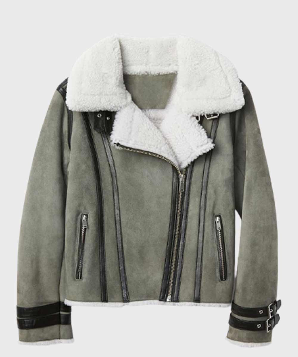 Womens Shearling Grey Leather Jacket Leather Jacket women front product view | Dash Racegear — Mens Grey Sheepskin Leather Shearling Jacket