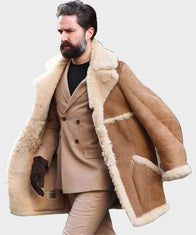 Shearling Tan Brown Classic Sheepskin Leather Jacket Leather Jacket unisex front product view | Dash Racegear — Winter Tan Fur Brown Shearling Leather Jacket for Mens Outfits