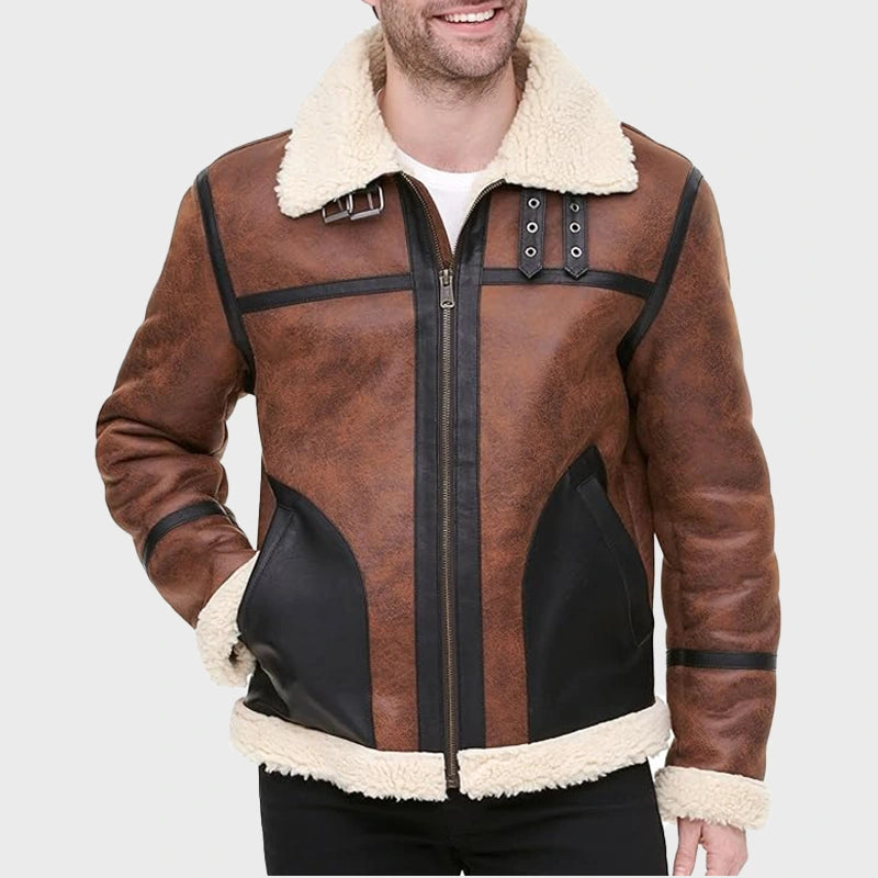 Mens Shearling Tan Brown Sheepskin B3 Leather Jacket Leather Jacket men front product view | Dash Racegear — Men's Sheepskin Shearling B3 Tan Brown Leather Jacket
