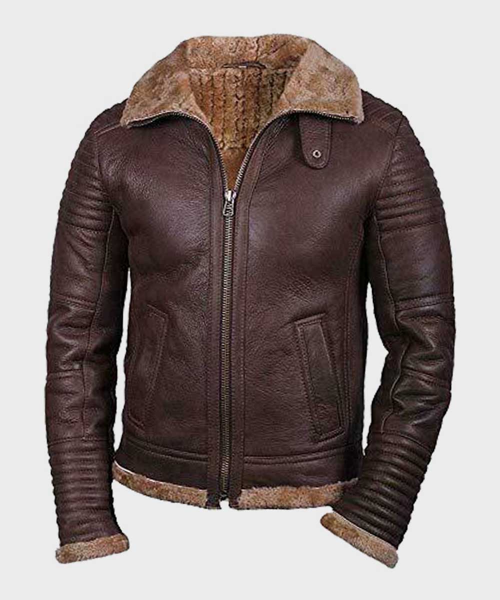 Mens Sheepskin Shearling Brown Jacket Jacket men front product view | Dash Racegear — Mens Brown Leather Jacket