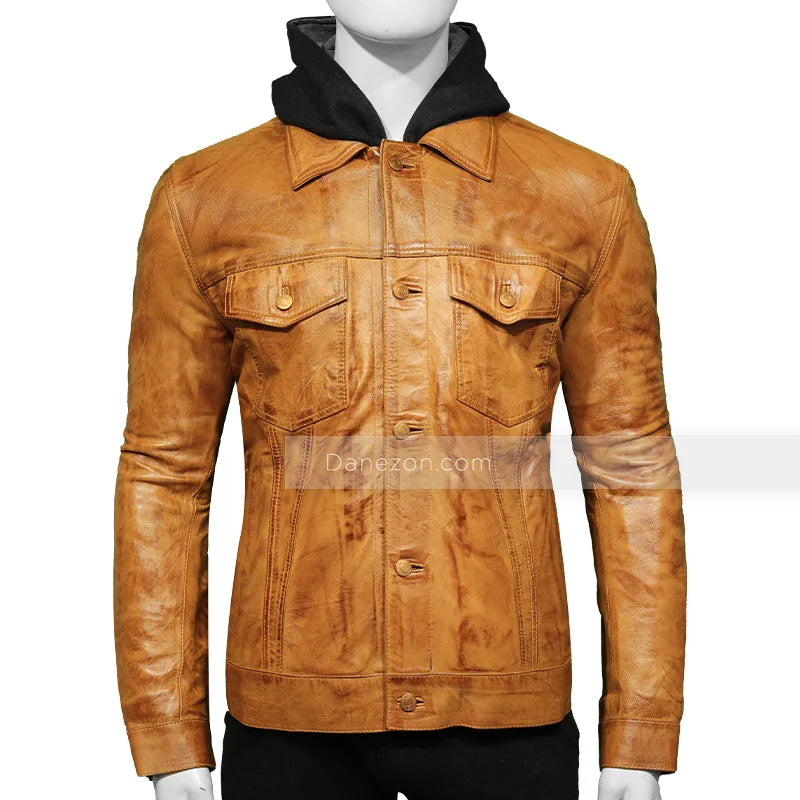 Mens Shirt Style Brown Hooded Leather Jacket Leather Jacket men front product view | Dash Racegear — Shirt Style Brown Hooded Leather Jacket Mens