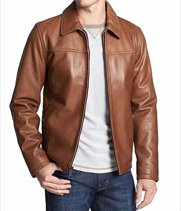 Mens Shirt Collar Brown Leather Jacket Leather Jacket men front product view | Dash Racegear — Shirt Collar Mens Brown Leather Jacket