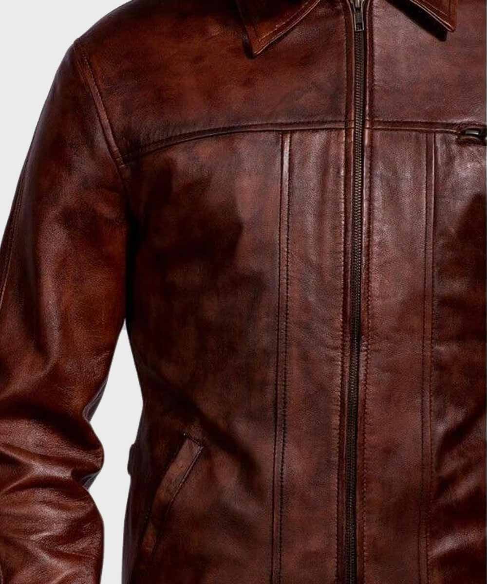 Mens Brown Distressed Leather Jacket Leather Jacket men detail view 2 | Dash Racegear — Mens Brown Shirt Style Distressed Leather Jacket
