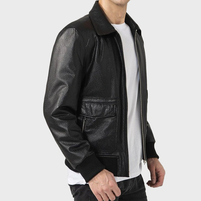 Mens Shirt Style Black Leather Jacket Leather Jacket unisex detail view 3 | Dash Racegear — Shirt Style Mens Black Leather Bomber Jacket
