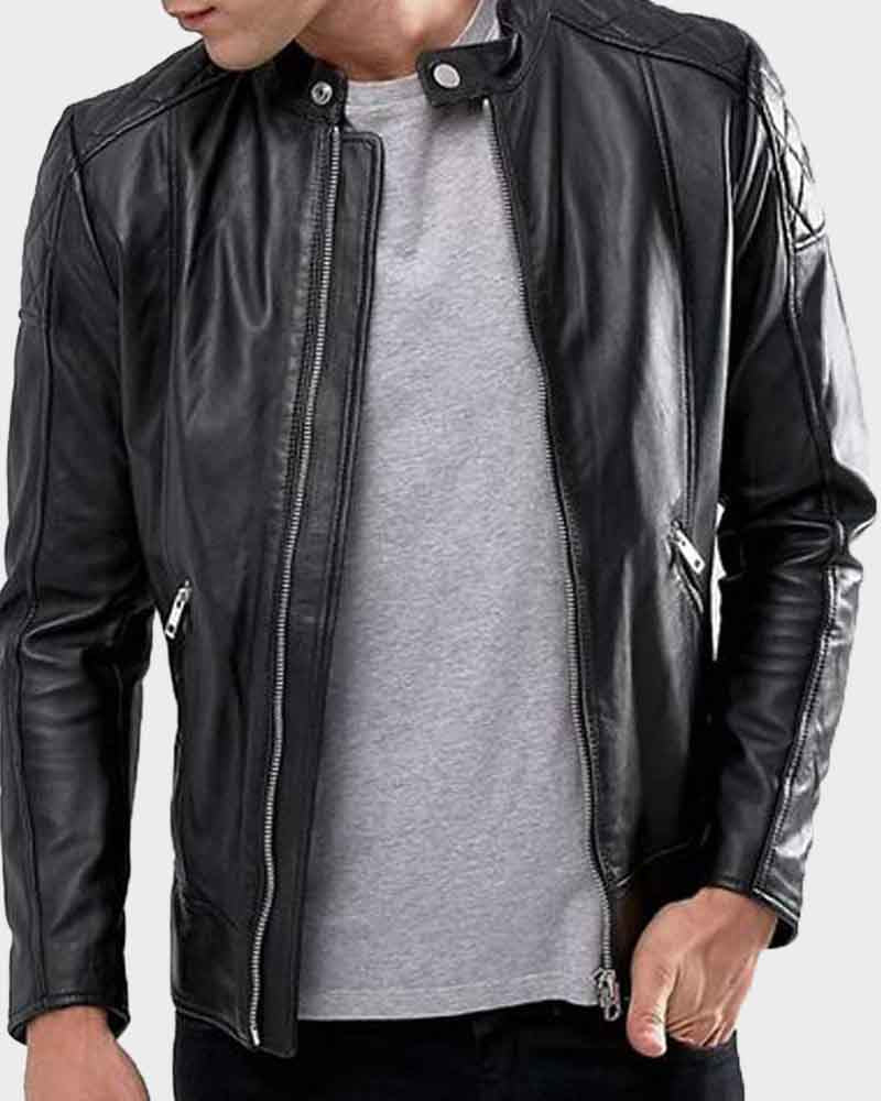 Mens Shoulder Quilted Black Jacket Jacket men front product view | Dash Racegear — Mens Quilted Black Leather Jacket