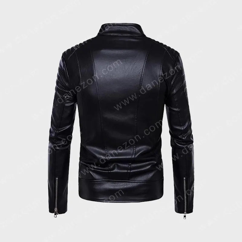 Mens Padded Slim Fit Biker Leather Jacket Leather Jacket men detail view 2 | Dash Racegear — Mens Padded Slim Fit Biker Black Leather Jacket