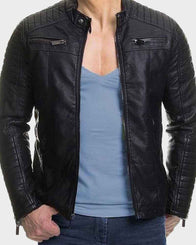 Mens Slim Fit Black Padded Leather Jacket Leather Jacket men front product view | Dash Racegear — Mens Slimfit Padded Style Black Leather Jacket
