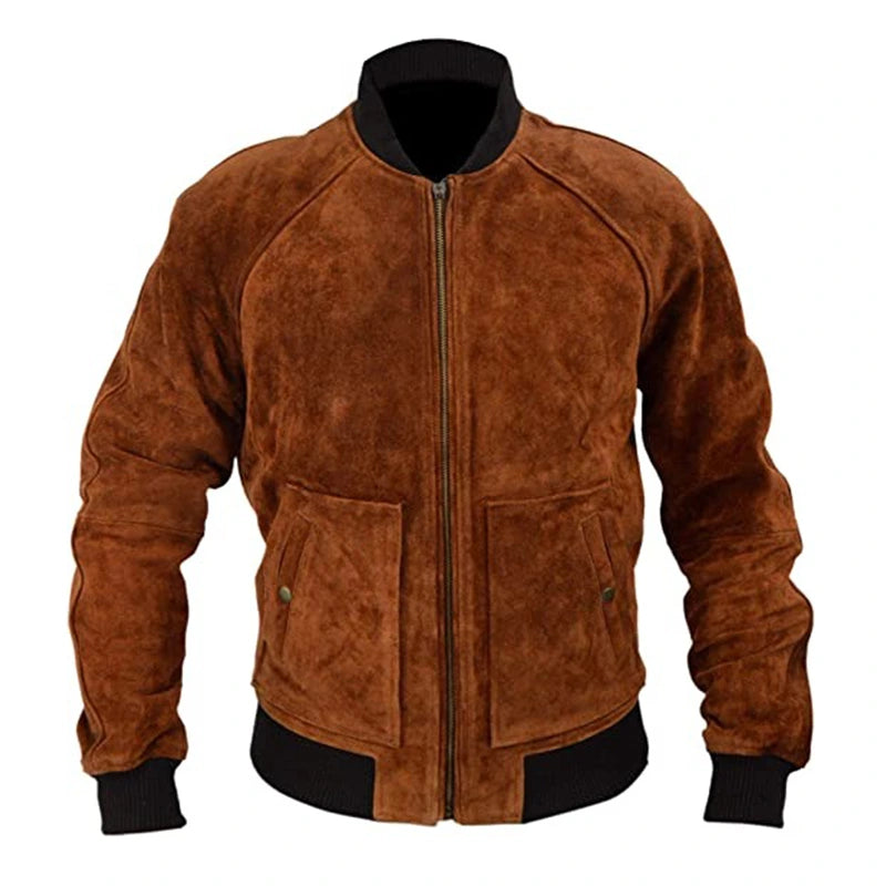 Mens Slim-Fit Brown Suede Leather Jacket Leather Jacket men front product view | Dash Racegear — Mens Slim-Fit Brown Suede Leather Jacket