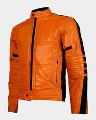 Mens Slim Fit Orange Padded Biker Leather Jacket Biker Jacket men front product view | Dash Racegear — Mens Slimfit Padded Style Orange Biker Leather Jacket