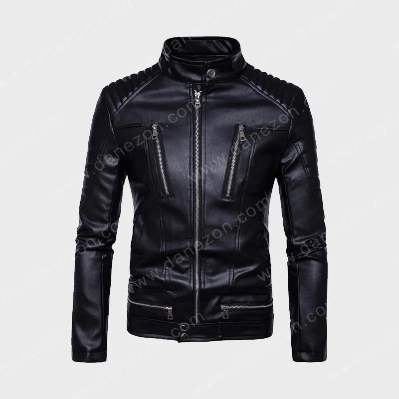 Mens Padded Slim Fit Biker Leather Jacket Leather Jacket men front product view | Dash Racegear — Mens Padded Slim Fit Biker Leather Jacket