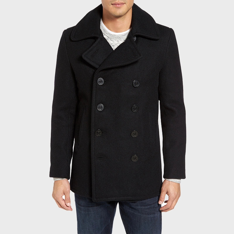 Mens Slim Fit Wool Blend Peacoat Coat men front product view | Dash Racegear — Slim Fit Wool Blend MidNight Blue Peacoat For Mens
