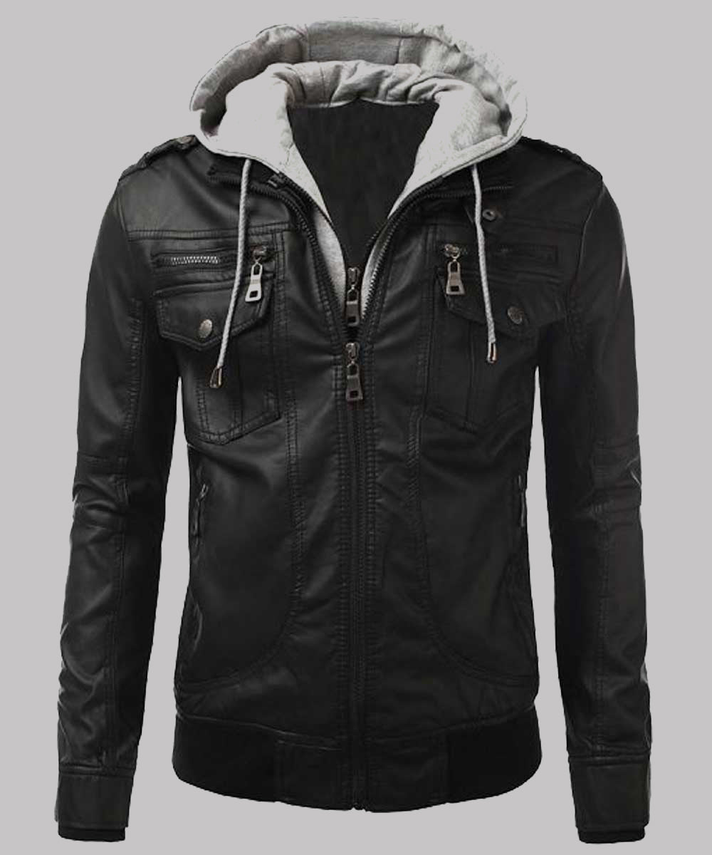 Men’s Biker Black Slim Fit Bomber Hooded Jacket Jacket men front product view | Dash Racegear — Men's Biker Black Slim Fit Bomber Hooded Jacket