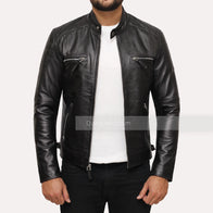 Mens Casual Black Leather Jacket Leather Jacket men detail view 2 | Dash Racegear — Mens Black Cafe Racer Leather Jacket