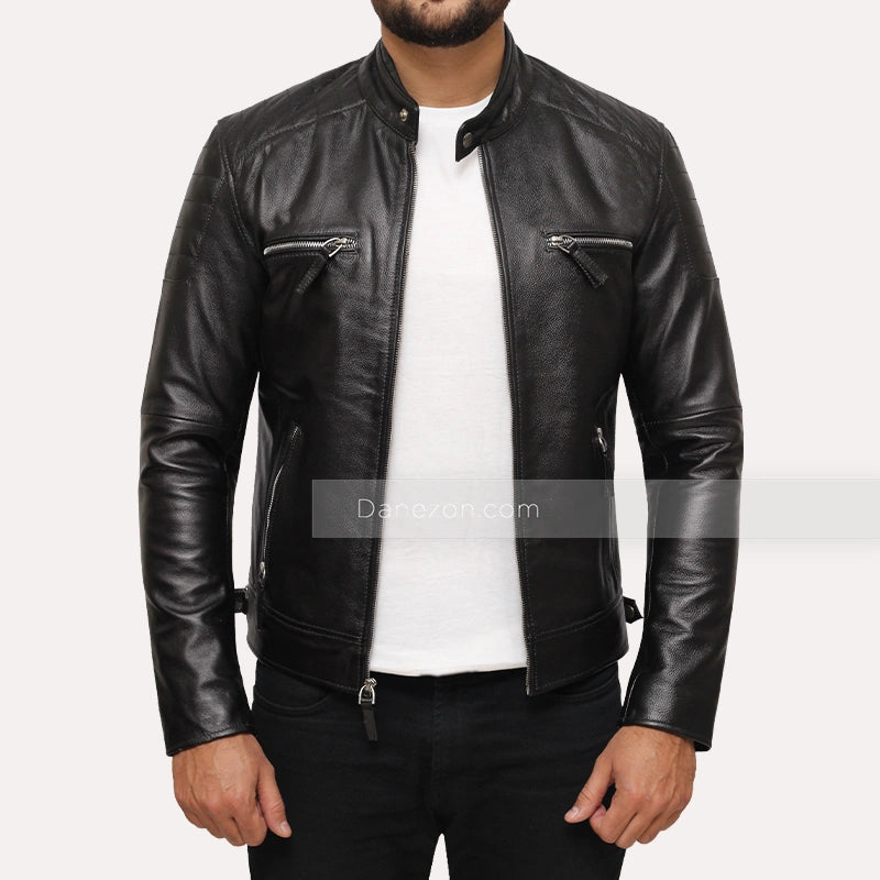 Mens Casual Black Leather Jacket Leather Jacket men detail view 2 | Dash Racegear — Mens Black Cafe Racer Leather Jacket
