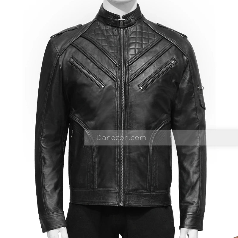 Men’s Black Biker Slim Fit Leather Jacket Leather Jacket men front product view | Dash Racegear — Slim fit Black Leather Jacket Mens