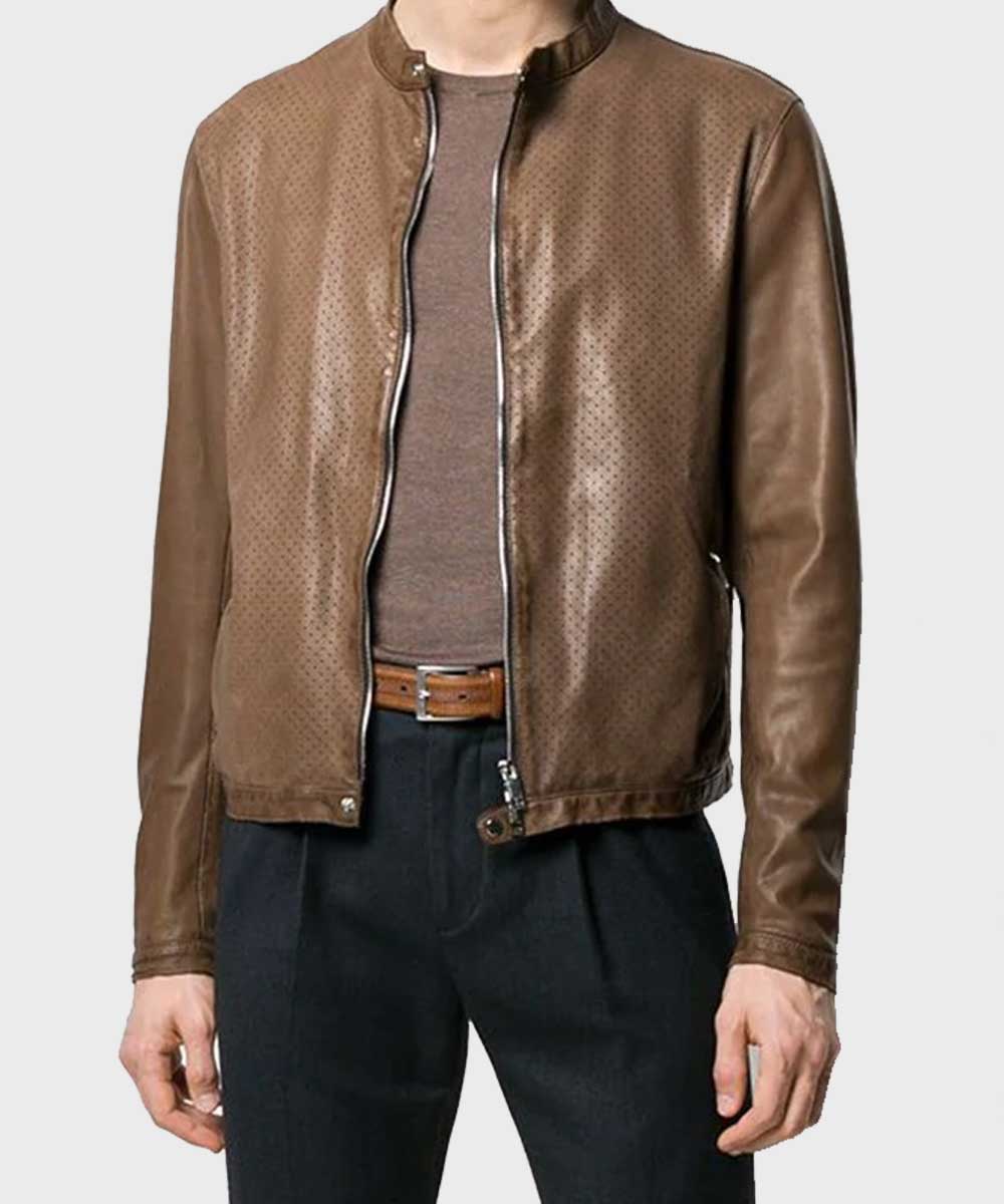 Mens Cafe Racer Brown Slimfit Biker Jacket Biker Jacket men detail view 2 | Dash Racegear — Mens Brown Biker Slimfit Leather Jacket