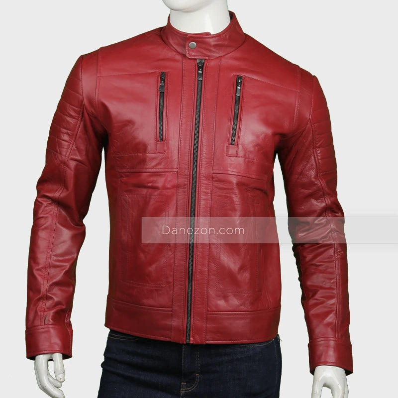 Men’s Slimfit Red Biker Leather Jacket Biker Jacket men front product view | Dash Racegear — Slim Fit Red Leather Jacket for Mens
