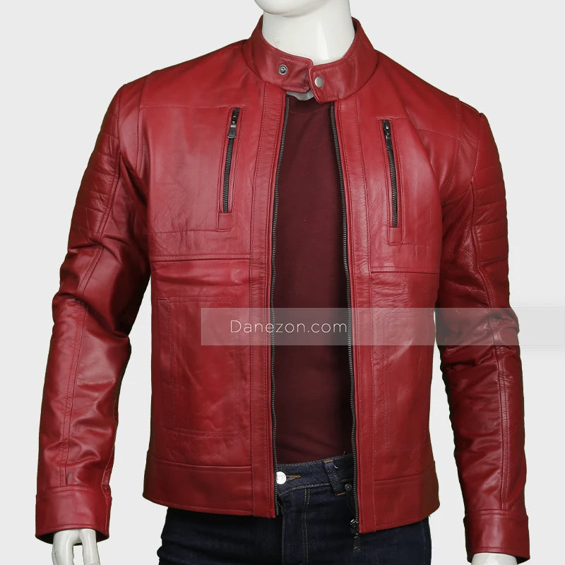 Men’s Slimfit Red Biker Leather Jacket Biker Jacket men detail view 3 | Dash Racegear — Mens Red Biker Cafe Racer Leather Jacket