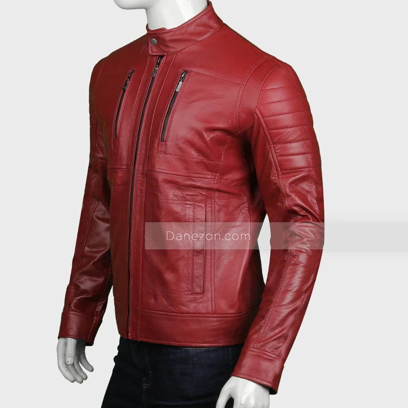 Men’s Slimfit Red Biker Leather Jacket Biker Jacket men detail view 2 | Dash Racegear — Slim Fit Red Leather Biker Jacket Mens