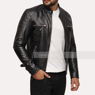 Mens Casual Black Leather Jacket Leather Jacket men front product view | Dash Racegear — Black Jacket | Mens Jacket | Caual Mens a Black Cafe Racer Jacket