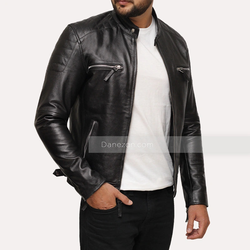 Mens Casual Black Leather Jacket Leather Jacket men front product view | Dash Racegear — Black Jacket | Mens Jacket | Caual Mens a Black Cafe Racer Jacket