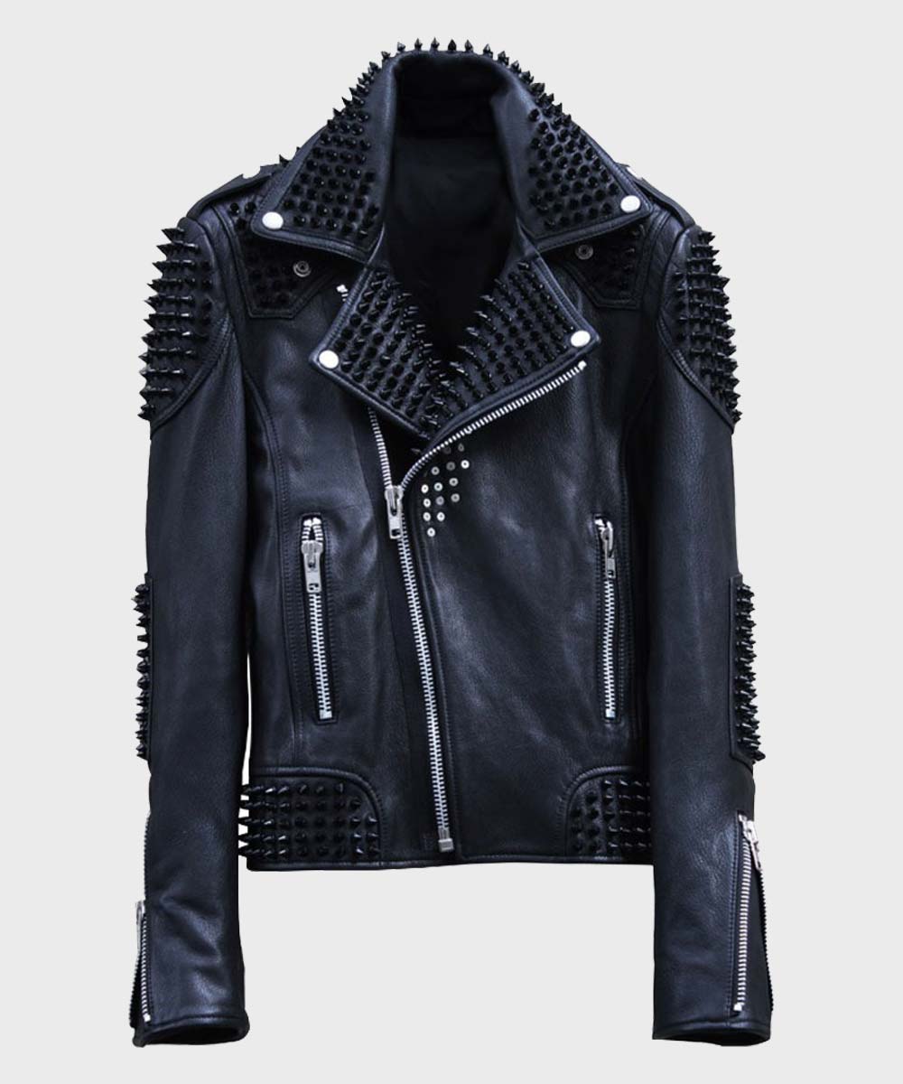Mens Black Studded Biker Leather Jacket Biker Jacket men front product view | Dash Racegear — Mens Studded Biker Black Leather Jacket