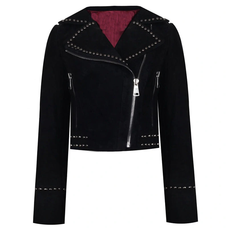 Mens Black Studded Suede Leather Jacket Leather Jacket men front product view | Dash Racegear — Black Studded Suede Leather Jacket