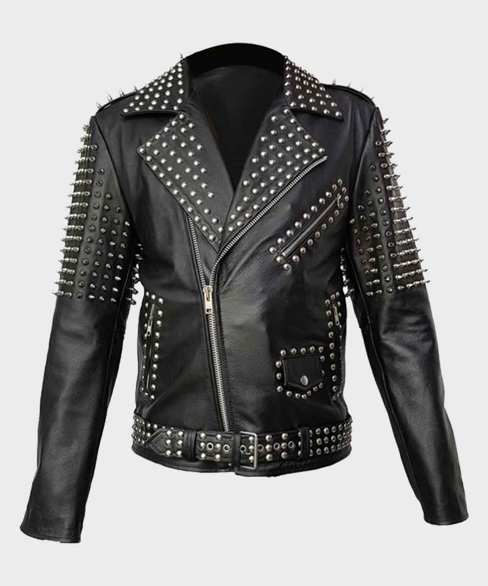 Mens Black Motorcycle Studded Jacket Biker Jacket men front product view | Dash Racegear — Black Motorcycle Studded Mens Cropped Jacket